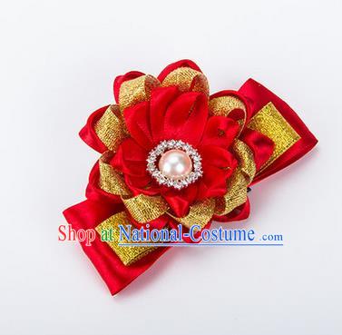 Top Grade Classical Wedding Red Ribbon Silk Bangle Flowers, Bride Emulational Wrist Flowers Bridesmaid Bracelet Pearl Flowers for Women