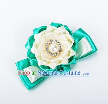 Top Grade Classical Wedding White Green Ribbon Silk Bangle Flowers, Bride Emulational Wrist Flowers Bridesmaid Bracelet Pearl Flowers for Women