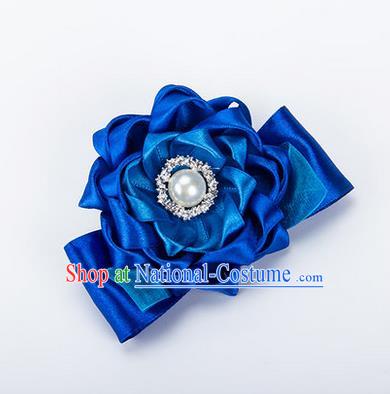 Top Grade Classical Wedding Royalblue Ribbon Silk Bangle Flowers, Bride Emulational Wrist Flowers Bridesmaid Bracelet Pearl Flowers for Women