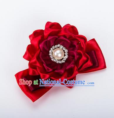 Top Grade Classical Wedding Wine Red Ribbon Silk Bangle Flowers, Bride Emulational Wrist Flowers Bridesmaid Bracelet Pearl Flowers for Women