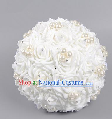 Top Grade Classical Wedding White Silk Rose Flowers, Bride Holding Emulational Flowers, Hand Tied Bouquet Pearl Flowers for Women