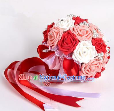 Top Grade Classical Wedding Pink and Red Silk Rose Flowers, Bride Holding Emulational Flowers, Hand Tied Bouquet Pearl Flowers for Women