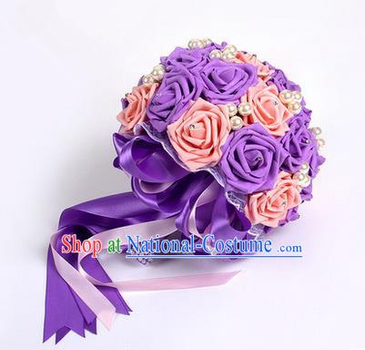 Top Grade Classical Wedding Pink and Purple Silk Rose Flowers, Bride Holding Emulational Flowers, Hand Tied Bouquet Pearl Flowers for Women