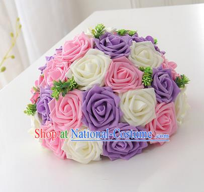 Top Grade Classical Wedding Purple and Pink Flowers, Bride Holding Emulational Flowers, Hand Tied Bouquet Flowers for Women