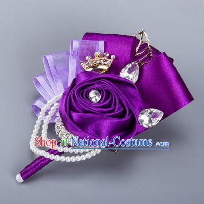 Top Grade Classical Wedding Purple Ribbon Flowers, Bride Emulational Corsage Bridesmaid Crystal Brooch Flowers for Women