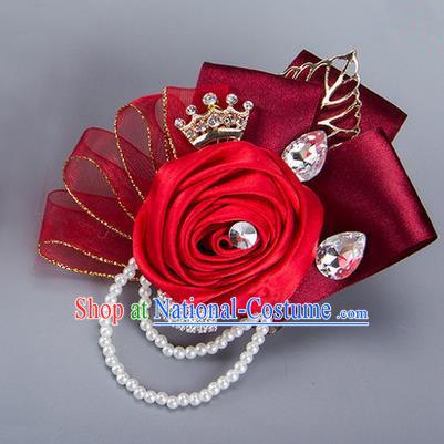 Top Grade Classical Wedding Red Ribbon Flowers, Bride Emulational Crystal Wrist Flowers Bridesmaid Beads Bracelet Flowers for Women