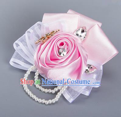 Top Grade Classical Wedding Pink Ribbon Flowers, Bride Emulational Crystal Wrist Flowers Bridesmaid Beads Bracelet Flowers for Women