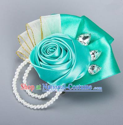 Top Grade Classical Wedding Green Ribbon Flowers, Bride Emulational Crystal Wrist Flowers Bridesmaid Beads Bracelet Flowers for Women