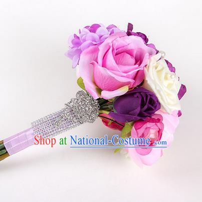 Top Grade Classical Wedding Silk Rosy Flowers, Bride Holding Emulational Flowers, Hand Tied Bouquet Flowers for Women