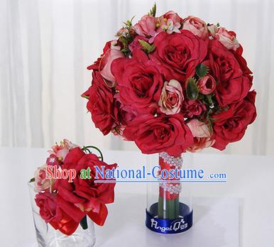 Top Grade Classical Wedding Red Silk Flowers, Bride Holding Emulational Flowers, Hand Tied Bouquet Flowers Brooch Flowers Wrist Flowers for Women