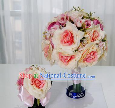 Top Grade Classical Wedding Pink Silk Flowers, Bride Holding Emulational Flowers, Hand Tied Bouquet Flowers Brooch Flowers Wrist Flowers for Women