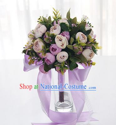 Top Grade Classical Wedding Purple Ribbon Silk Flowers, Bride Holding Emulational Flowers, Hand Tied Bouquet Flowers for Women