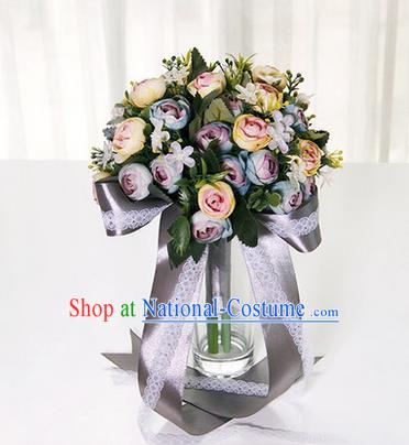 Top Grade Classical Wedding Grey Ribbon Silk Flowers, Bride Holding Emulational Flowers, Hand Tied Bouquet Flowers for Women