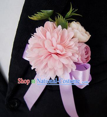 Top Grade Classical Wedding Silk Flowers,Groom Emulational Corsage Groomsman Pink Ribbon Brooch Flowers for Men