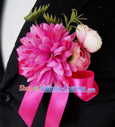 Top Grade Classical Wedding Silk Flowers,Groom Emulational Corsage Groomsman Rosy Ribbon Brooch Flowers for Men