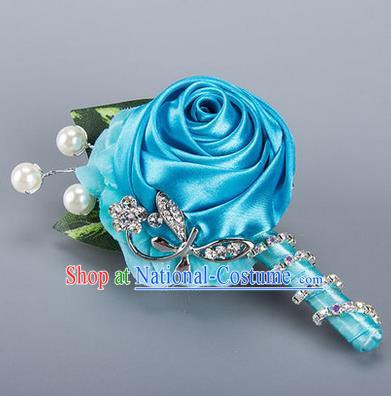 Top Grade Classical Wedding Crystal Silk Flowers,Groom Emulational Corsage Groomsman Blue Ribbon Pearl Brooch Flowers for Men