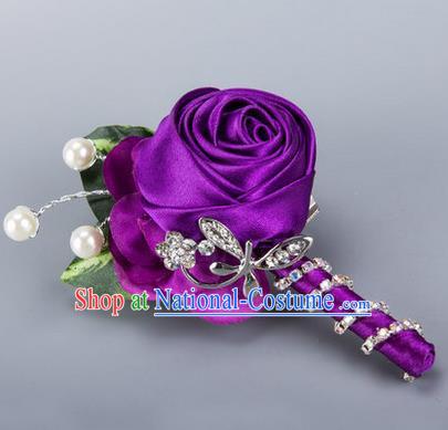 Top Grade Classical Wedding Crystal Silk Flowers,Groom Emulational Corsage Groomsman Purple Ribbon Pearl Brooch Flowers for Men