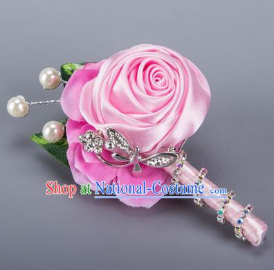 Top Grade Classical Wedding Crystal Silk Flowers,Groom Emulational Corsage Groomsman Pink Ribbon Pearl Brooch Flowers for Men