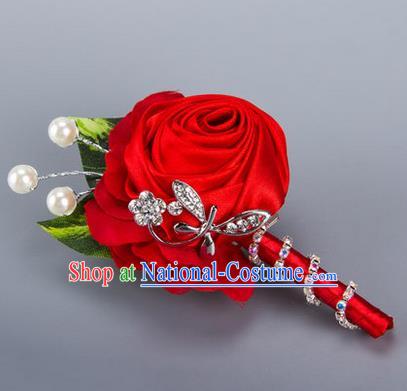 Top Grade Classical Wedding Crystal Silk Flowers,Groom Emulational Corsage Groomsman Red Ribbon Pearl Brooch Flowers for Men