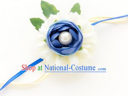 Top Grade Classical Wedding White and Blue Silk Flowers, Bride Emulational Wrist Flowers Bridesmaid Pearl Bracelet Flowers for Women