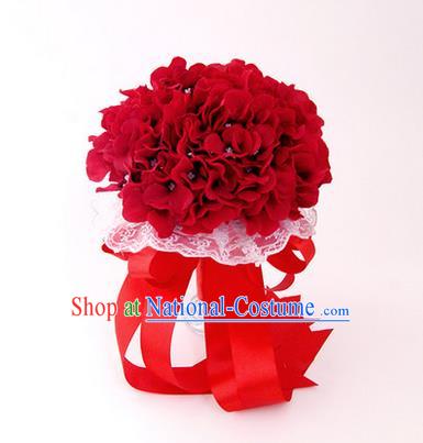 Top Grade Classical Wedding Silk Flowers, Bride Holding Emulational Red Flowers Ball, Hand Tied Bouquet Flowers for Women