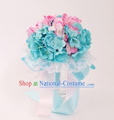 Top Grade Classical Wedding Silk Flowers, Bride Holding Emulational Pink and Blue Flowers Ball, Hand Tied Bouquet Flowers for Women