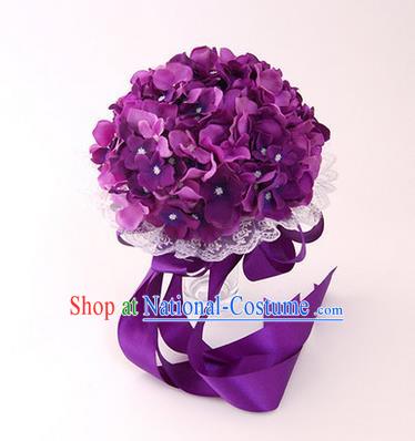 Top Grade Classical Wedding Silk Flowers, Bride Holding Emulational Purple Flowers Ball, Hand Tied Bouquet Flowers for Women