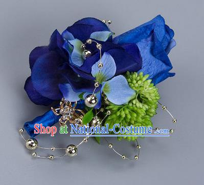 Top Grade Classical Wedding Blue Silk Flowers Brooch,Groom Emulational Corsage Groomsman Brooch Flowers for Men