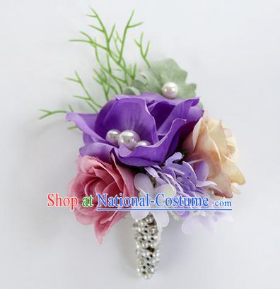 Top Grade Classical Wedding Purple Flower Brooch, Bride Emulational Corsage Bridesmaid Brooch Flowers for Women