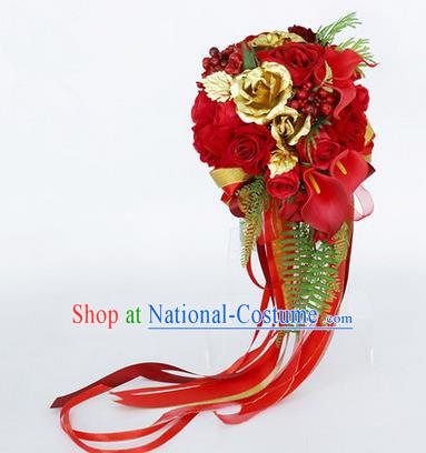 Top Grade Classical Wedding Red Rose Flower Brooch, Bride Emulational Corsage Bridesmaid Brooch Flowers for Women