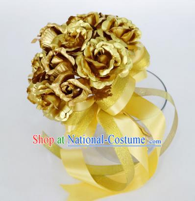 Top Grade Classical Wedding Golden Rose Flower Brooch, Bride Emulational Corsage Bridesmaid Brooch Flowers for Women