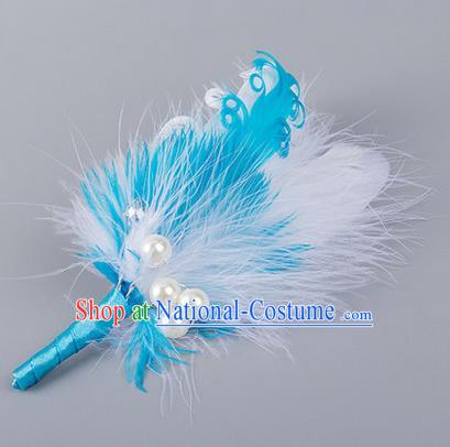 Top Grade Classical Wedding Blue Feather Corsage Brooch, Groom Emulational Corsage Groomsman Brooch Flowers for Men