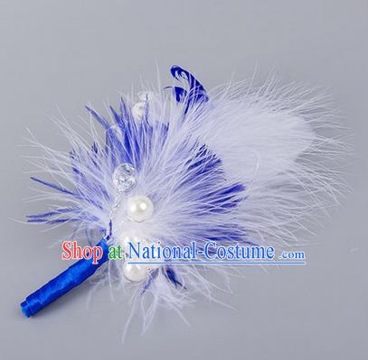 Top Grade Classical Wedding Royalblue Feather Corsage Brooch, Groom Emulational Corsage Groomsman Brooch Flowers for Men