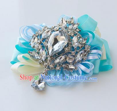 Top Grade Classical Wedding Light Blue Ribbon Corsage Brooch, Bride Emulational Corsage Bridemaid Crystal Brooch Flowers for Women