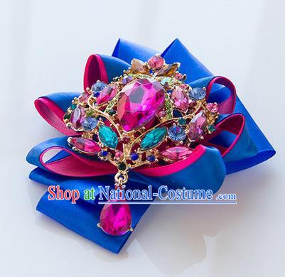 Top Grade Classical Wedding Royalblue Ribbon Corsage Brooch, Bride Emulational Corsage Bridemaid Crystal Brooch Flowers for Women