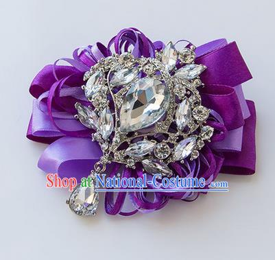 Top Grade Classical Wedding Purple Ribbon Corsage Brooch, Bride Emulational Corsage Bridemaid Crystal Brooch Flowers for Women