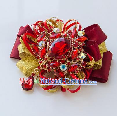 Top Grade Classical Wedding Red Ribbon Corsage Brooch, Bride Emulational Corsage Bridemaid Crystal Brooch Flowers for Women