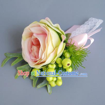 Top Grade Classical Wedding Champagne Rose Corsage Brooch, Bride Emulational Corsage Bridemaid Brooch Flowers for Women