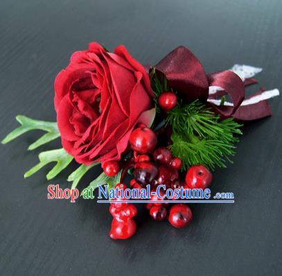 Top Grade Classical Wedding Red Rose Corsage Brooch, Bride Emulational Corsage Bridemaid Brooch Flowers for Women