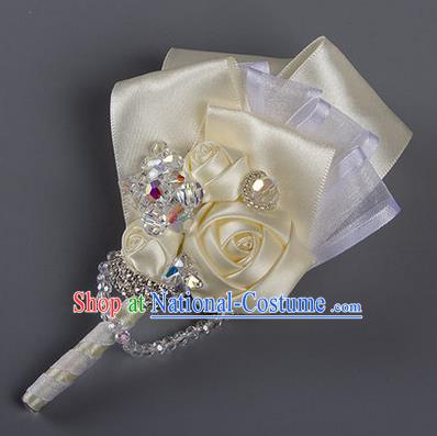 Top Grade Classical Wedding Beige Ribbon Corsage Brooch, Groom Emulational Corsage Groomsman Brooch Flowers for Men