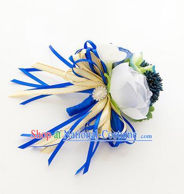 Top Grade Classical Wedding Blue Corsage Brooch, Groom Emulational Corsage Groomsman Brooch Flowers for Men