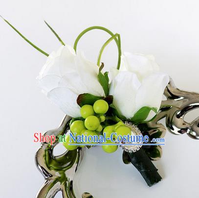 Top Grade Classical Wedding White Roses Corsage Brooch, Groom Emulational Corsage Groomsman Brooch Flowers for Men