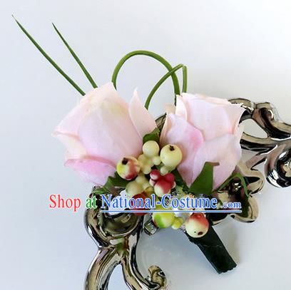 Top Grade Classical Wedding Pink Roses Corsage Brooch, Groom Emulational Corsage Groomsman Brooch Flowers for Men