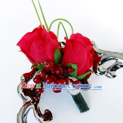 Top Grade Classical Wedding Red Rose Corsage Brooch, Groom Emulational Corsage Groomsman Brooch Flowers for Men