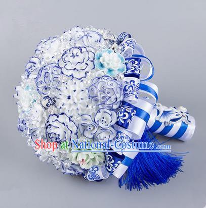 Top Grade Classical China Wedding Blue and White Porcelain Flowers, Bride Holding Emulational Flowers Ball, Hand Tied Bouquet Flowers for Women