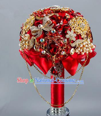 Top Grade Classical China Wedding Red Silk Flowers, Bride Holding Crystal Emulational Flowers Ball, Hand Tied Bouquet Flowers for Women