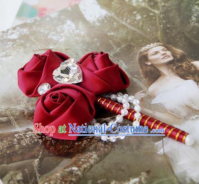 Top Grade Classical Wedding Wine Red Ribbon Flowers Brooch,Groom Emulational Corsage Groomsman Crystal Brooch Flowers for Men