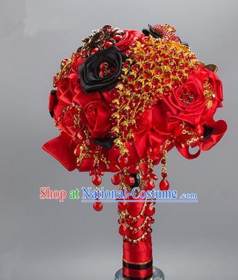 Top Grade Classical China Wedding Red Silk Flowers, Bride Holding Crystal Emulational Flowers Ball, Tassel Hand Tied Bouquet Flowers for Women