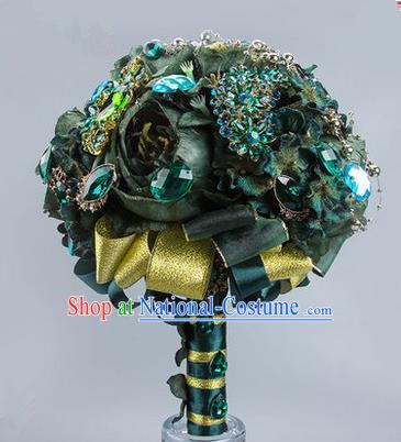 Top Grade Classical China Wedding Extravagant Flowers Nosegay, Bride Holding Luxury Green Crystal Flowers Ball, Tassel Hand Tied Bouquet Flowers for Women