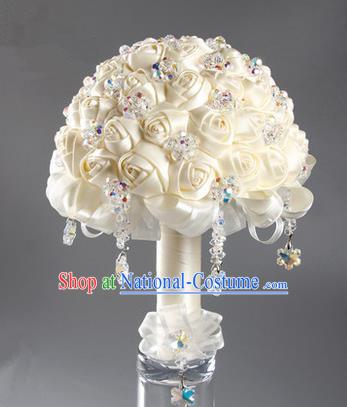 Top Grade Classical China Wedding Extravagant White Ribbon Flowers Nosegay, Bride Holding Luxury Crystal Flowers Ball Hand Tied Bouquet Flowers for Women